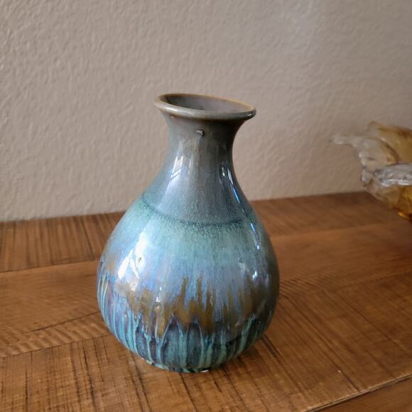 Vintage Drip Glaze Ceramic Vase in Teal and Brown with Flared Rim 8.5 Inch Tall - Picture 3 of 10